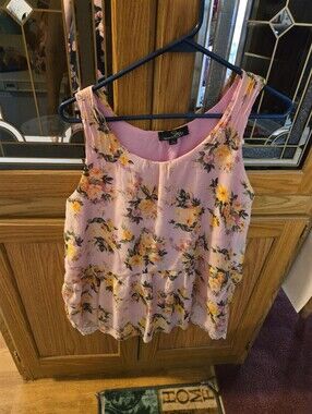SO Pink Floral Peplum Tank Top with Yellow Blooms